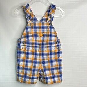 Janie And Jack Shorts Bib Overalls Baby Boy Sz 3-6M Plaid Blue Orange Crab
